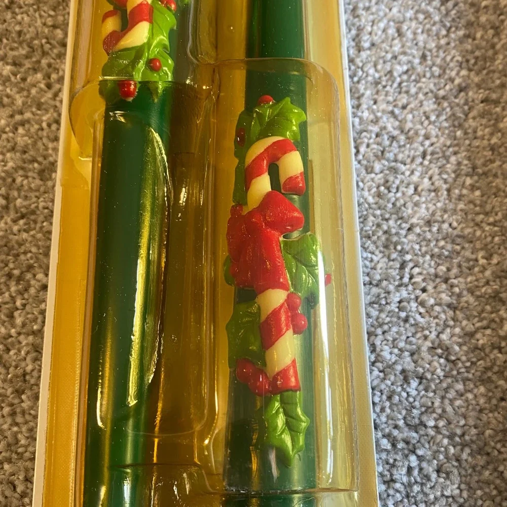 Vintage Avon‎ Candy Cane and Holly 10 Inch Bayberry Taper Candles Set 2